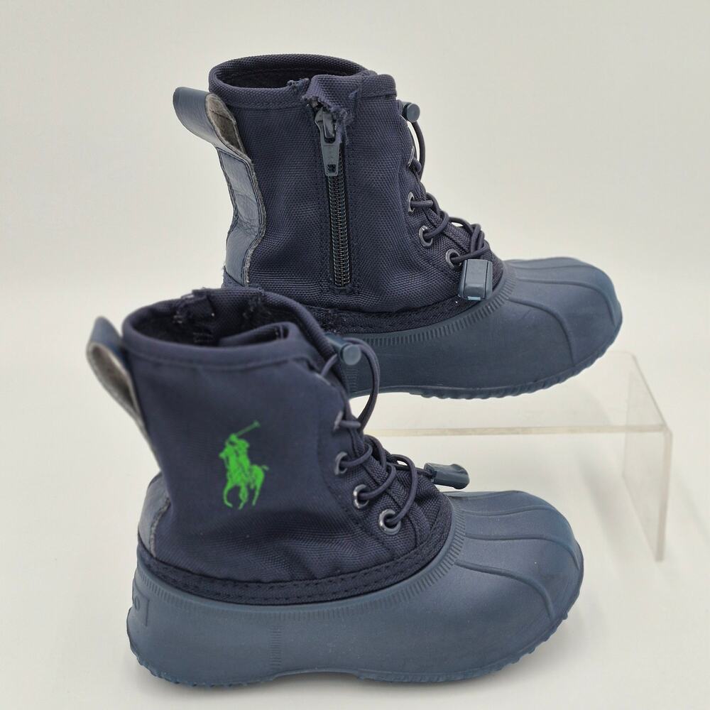 Polo Ralph Lauren Eisley Kids Duck Boots Navy Green Logo Waterproof Size 9 S0087